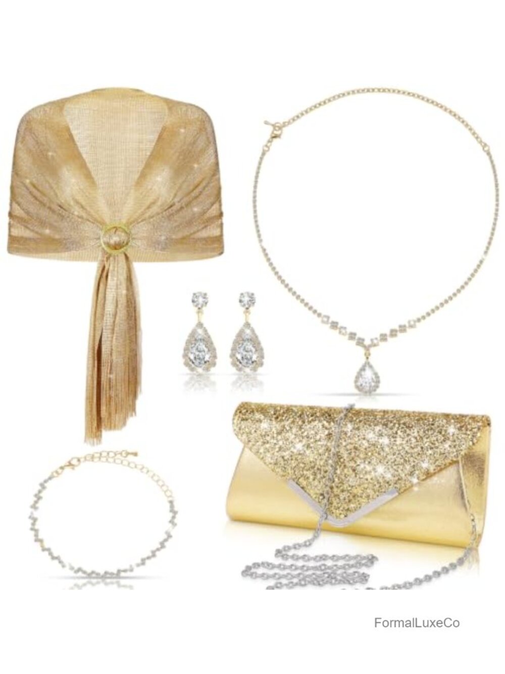 Rhinestone Jewelry Set with Shawl & Purse for Women Evening Party
